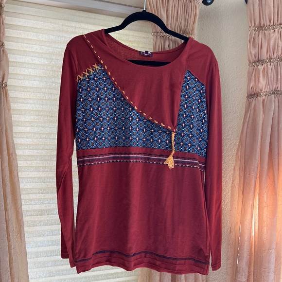 Coline Tops - Coline Rust Cotton Long Sleeve Tribal Print Teeshirt Top